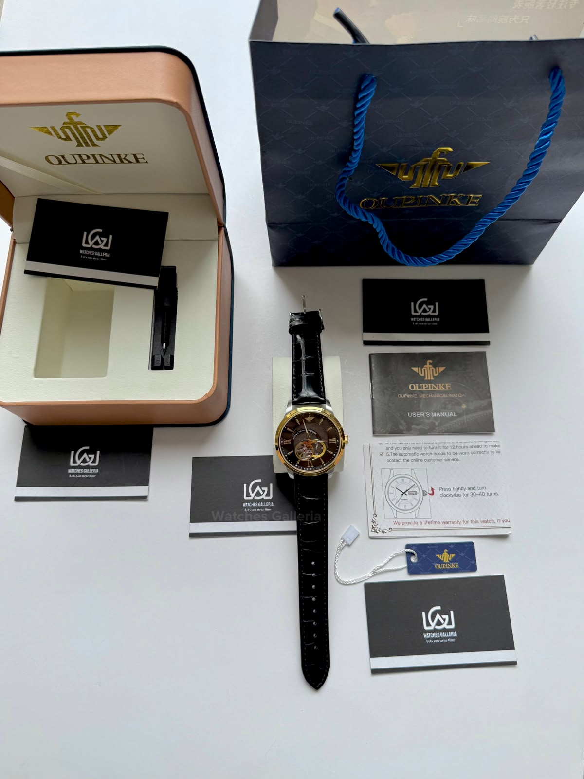 Oupinke G3190 (Black Leather) Open Heart Automatic Watch with Miyota 8215 Japanese Movement, Sapphire Crystal, Luminous Dial & Black Leather Strap