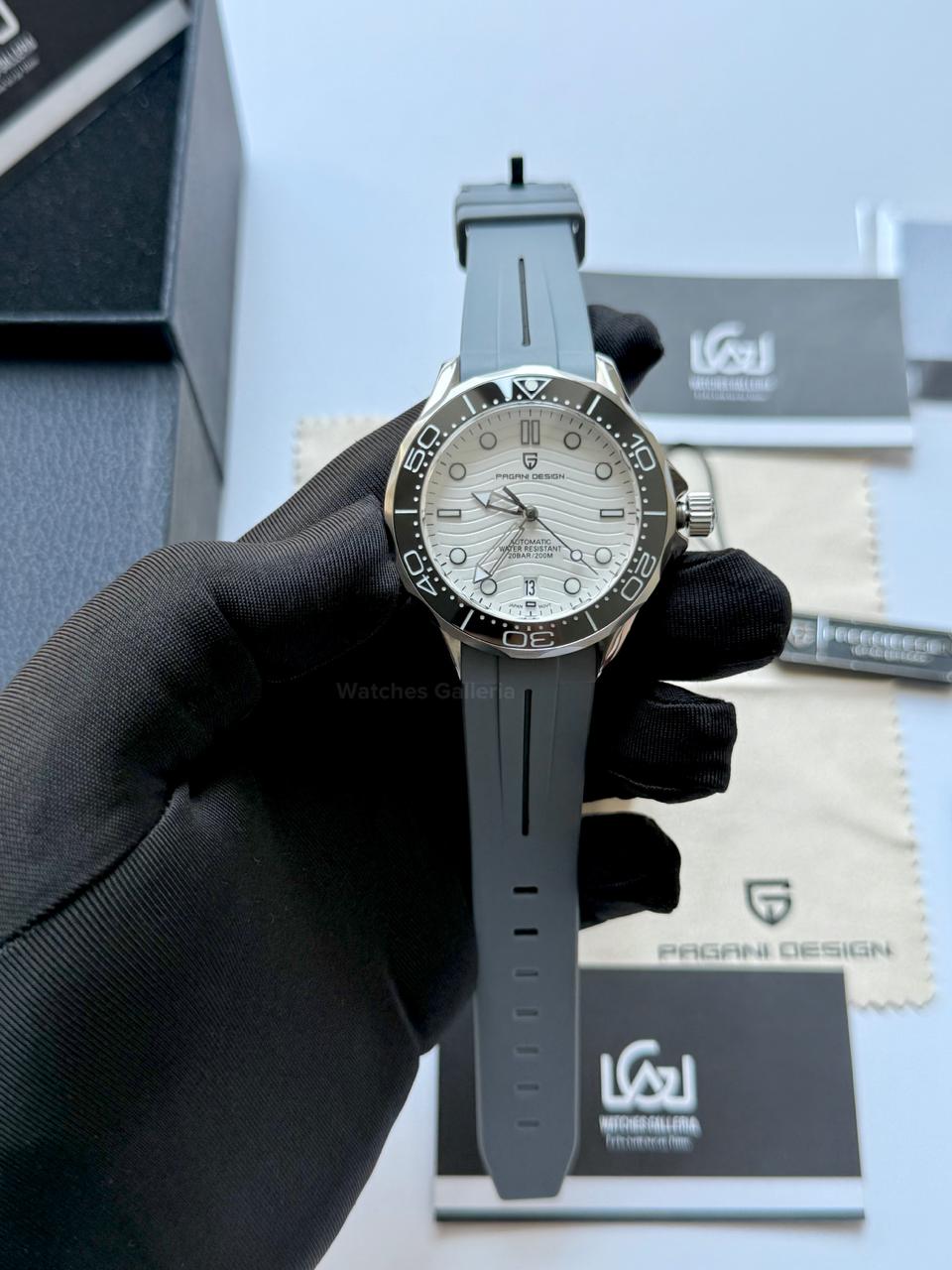 Pagani Design PD1685 Grey Silicon Seamaster Diver White Automatic Watch – 200M Sapphire Crystal NH35A/Miyota Luxury Dive Watch in Pakistan | Watches Galleria