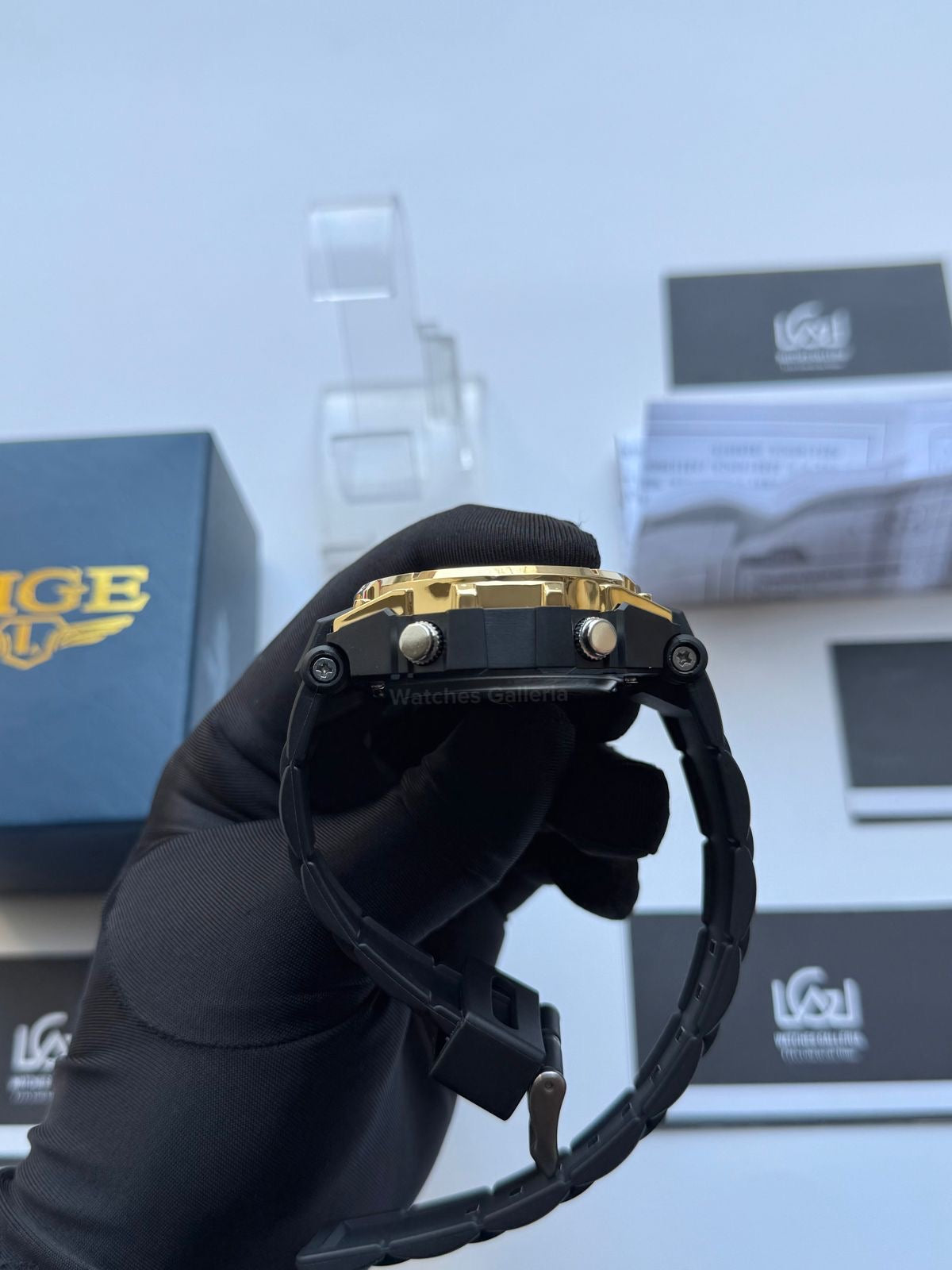 Lige 8922 Sports Watch Gold Black 45mm Dual Display Analog Digital LED Alarm Waterproof 50M Silicone Strap Men’s Watch