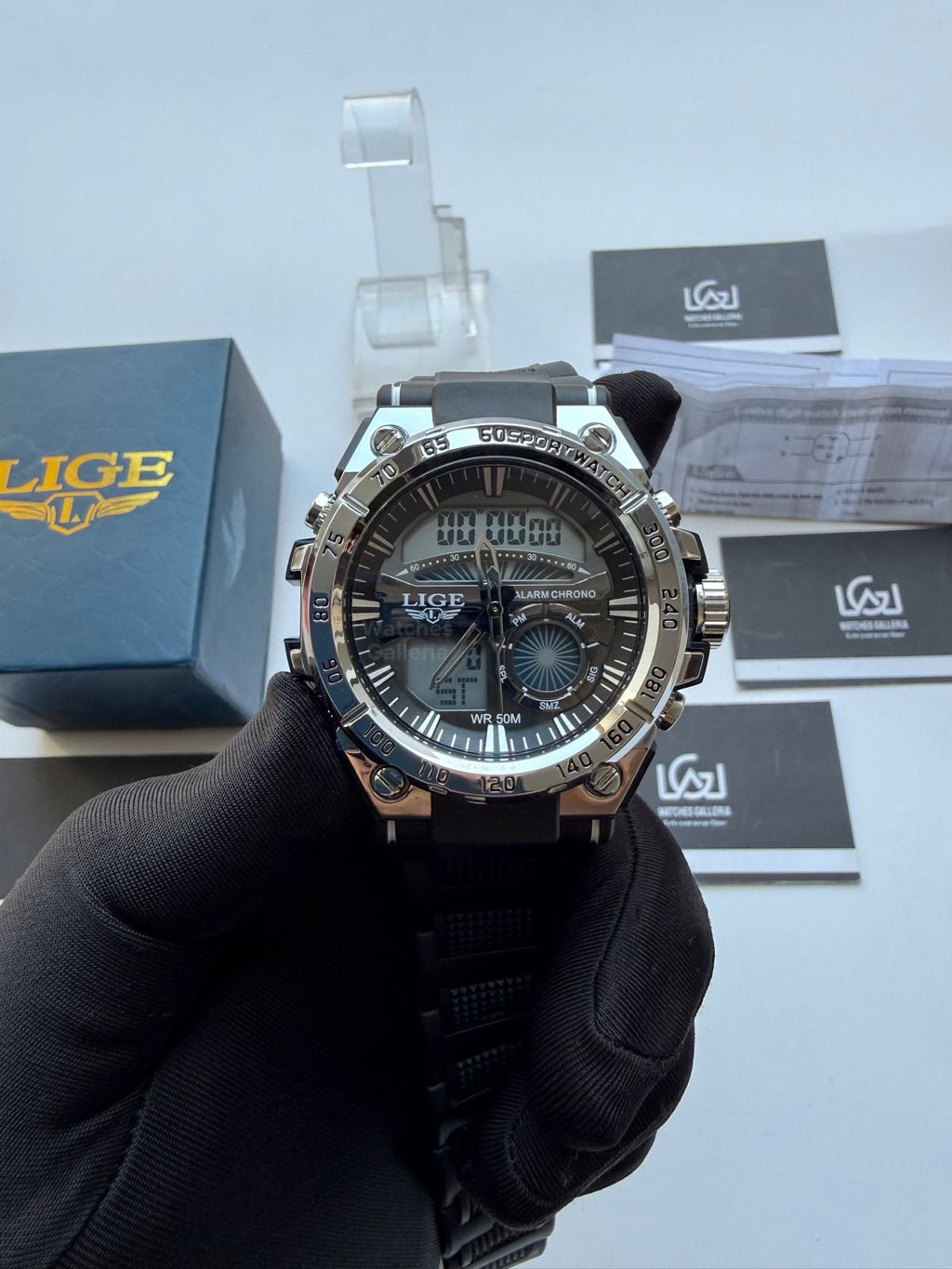 Lige 8922 Sports Watch Silver Black 45mm Dual Display Analog Digital LED Alarm Waterproof 50M Silicone Strap Men’s Watch