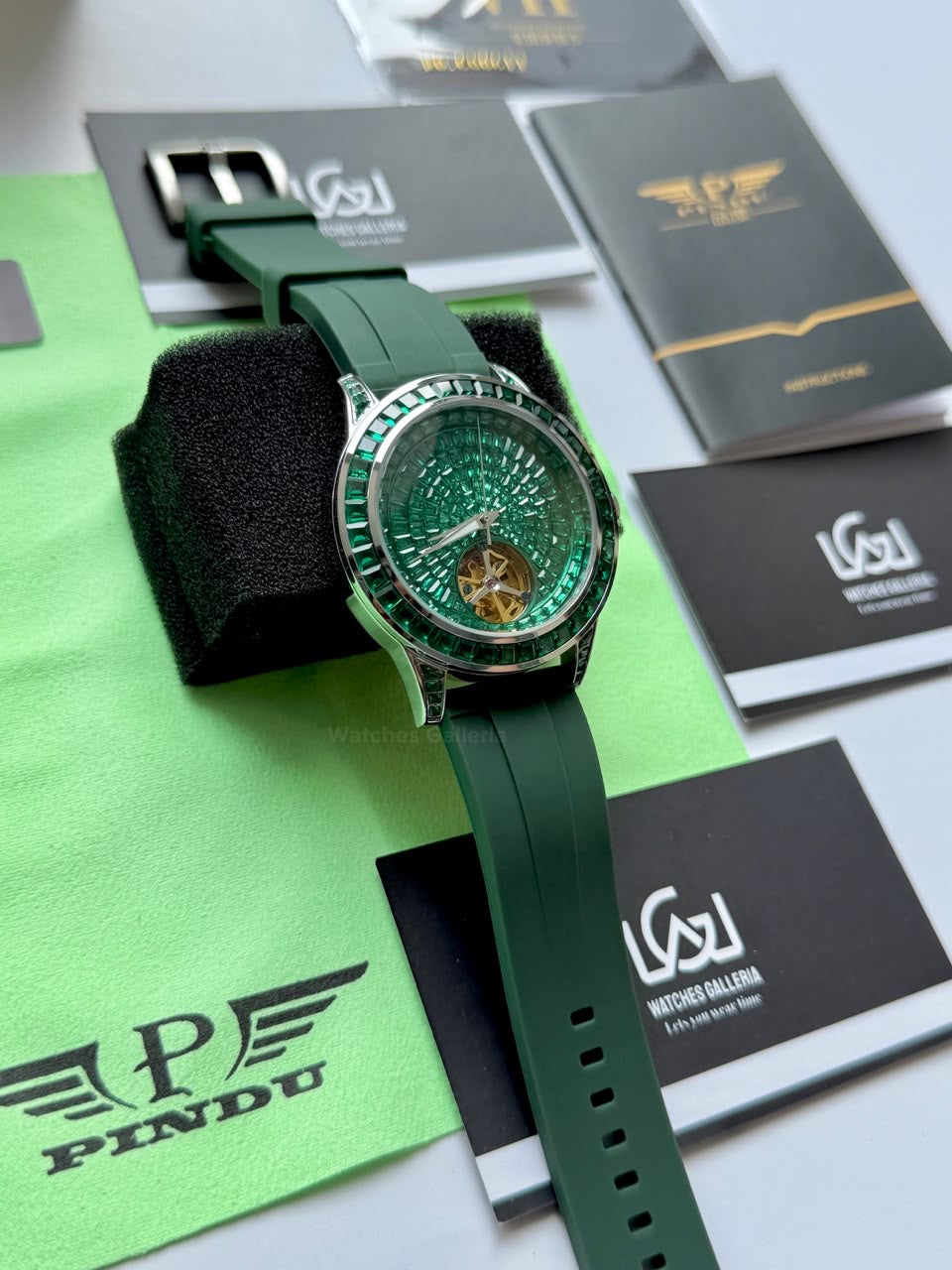 Pindu 5037 Green/Green Silicon LeatherDiamonds Hand Encrusted Diamond Automatic Tourbillon Watch for Men | Luxury Mechanical Watch | 43mm Stainless Steel Case