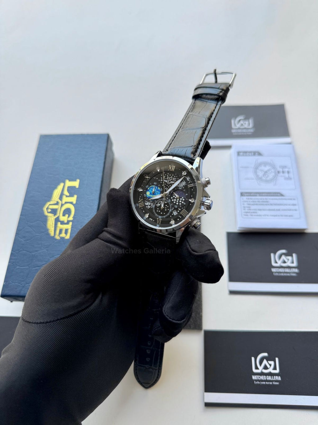 Lige Watch LG89107 Moonphase Chronograph (Black/Silver) Lige Watch in Pakistan