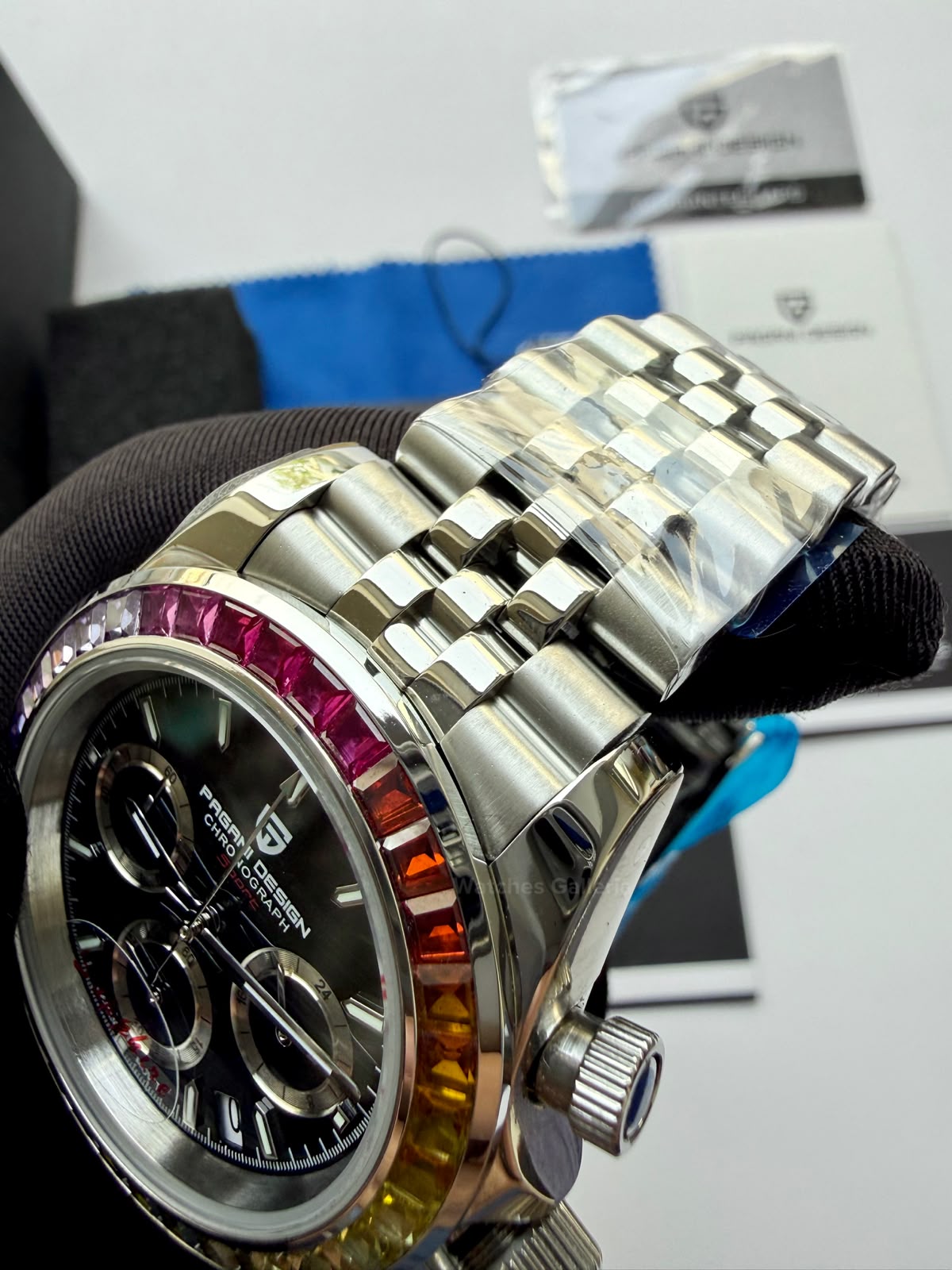 Pagani Design PD1644 Daytona Rainbow Jubilee Limited Edition Chronograph Watch PD1644LE | 40mm Sapphire Crystal, Seiko VK63 Quartz, Complete Calendar & Rainbow Stones Bezel