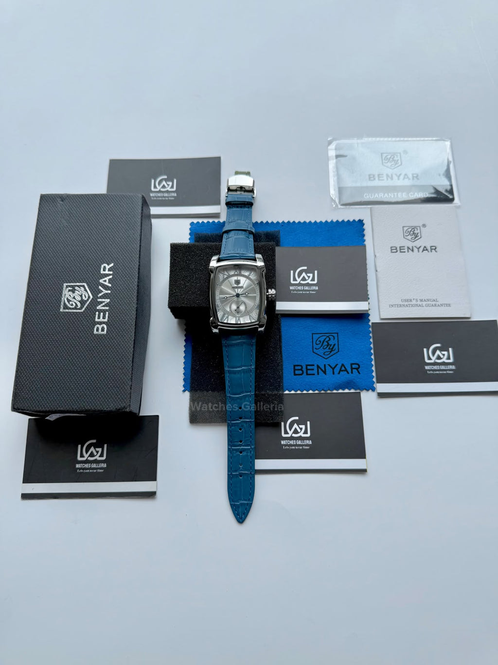 Benyar BY5114 Square Tank Watch | Blue Silver White | Roman Numeral Dial Master Lock Quartz Date Calendar Leather Strap