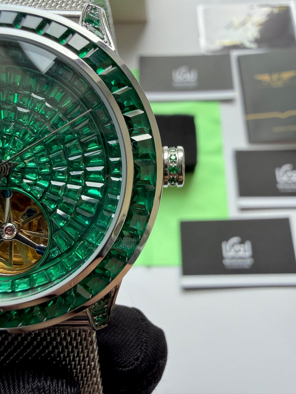 Pindu 5037 Green/Mesh Strap LeatherDiamonds Hand Encrusted Diamond Automatic Tourbillon Watch for Men | Luxury Mechanical Watch | 43mm Stainless Steel Case