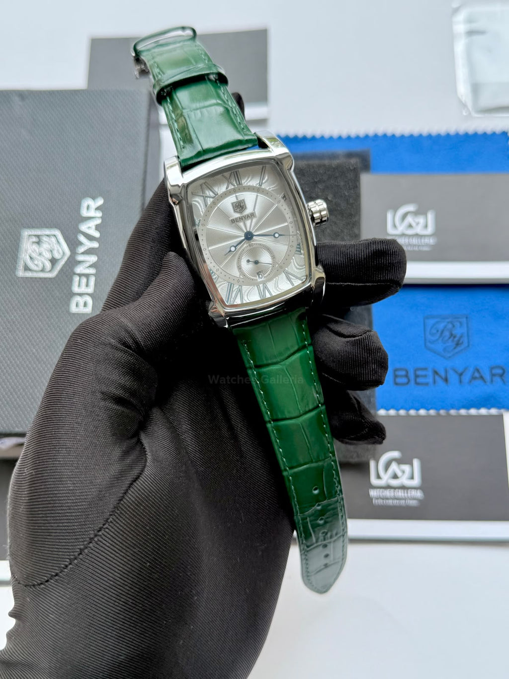 Benyar BY5114 Square Tank Watch | Green Silver White | Roman Numeral Dial Master Lock Quartz Date Calendar Leather Strap