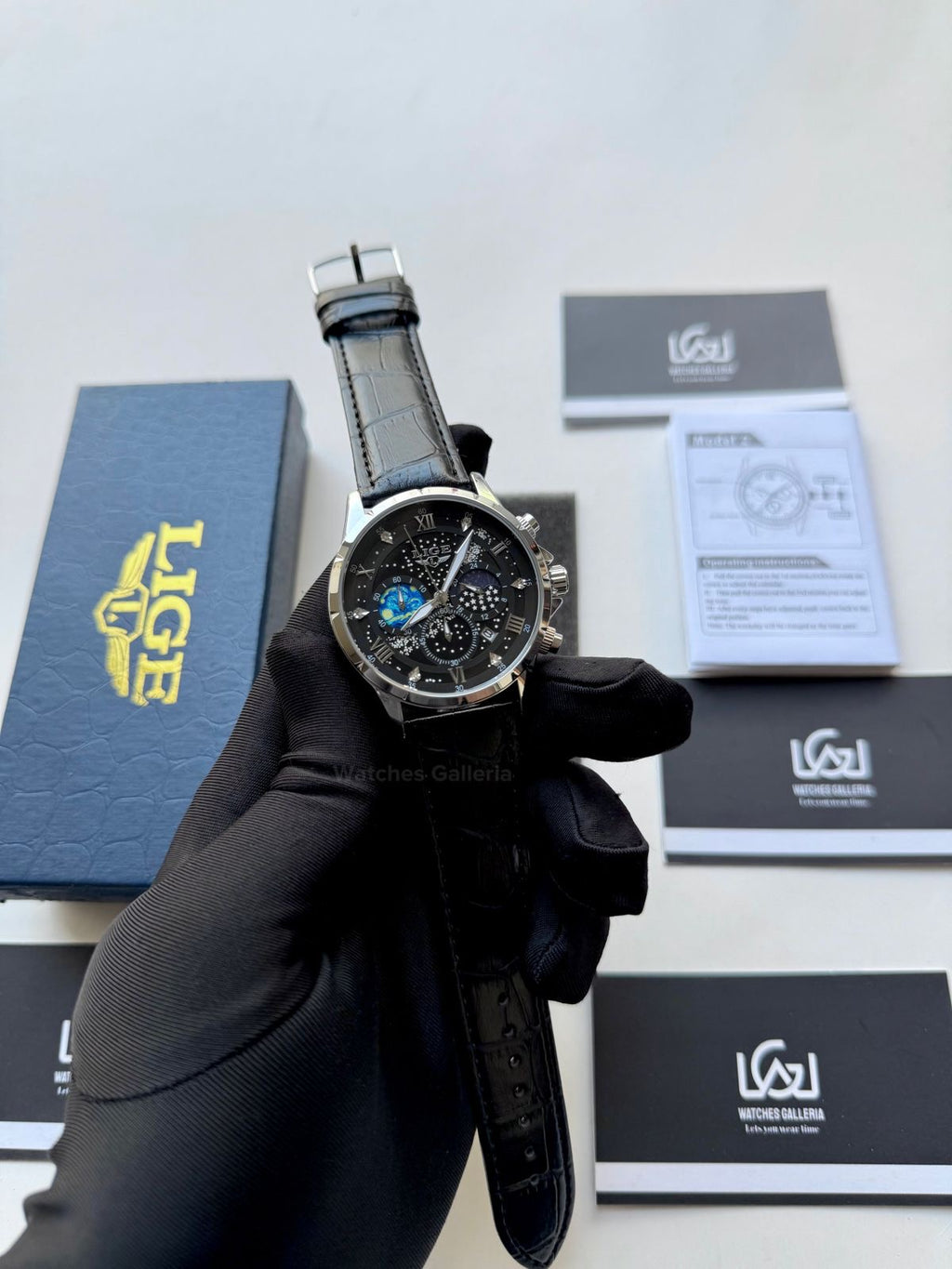 Lige Watch LG89107 Moonphase Chronograph (Black/Silver) Lige Watch in Pakistan