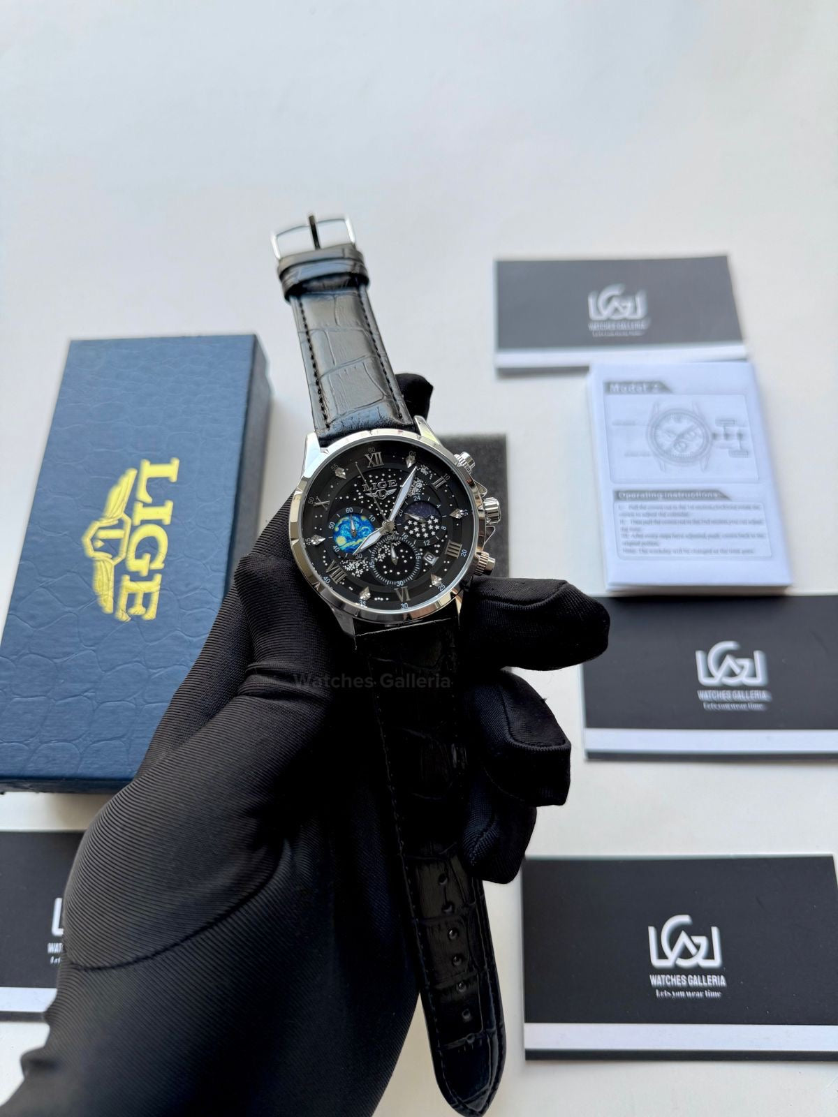 Lige Watch LG89107 Moonphase Chronograph (Black/Silver) Lige Watch in Pakistan