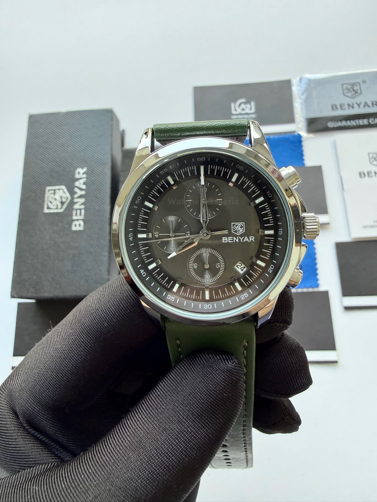 Benyar BY5210 (Grey Green) Pilot Chronograph Green Dial Stainless Steel Watch – 42mm Quartz Chronograph with Date, Complete Calendar & Stopwatch