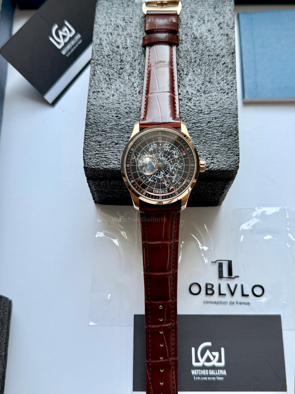 OBLVLO GC (Brown Rose Gold Black) Grand Complications Celestial Automatic Watch Brown & Black Dial with Rose Gold Details, Moving Constellation & Earth Display – OBLVLOGC | Oblvlo