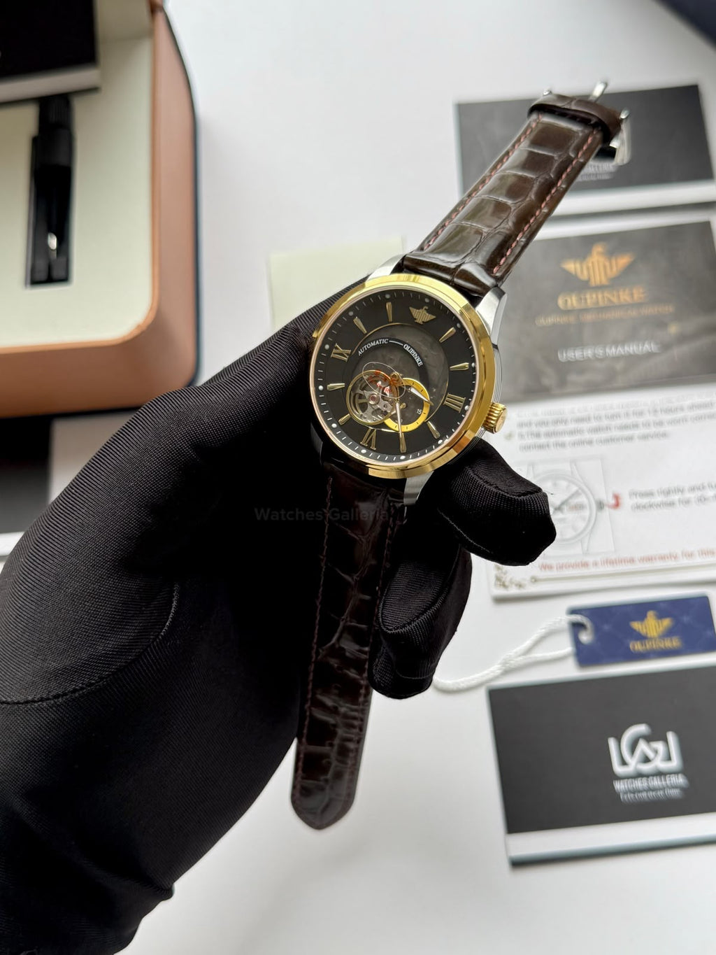 Oupinke G3190 (Brown Leather) Open Heart Automatic Watch with Miyota 8215 Japanese Movement, Sapphire Crystal, Luminous Dial & Black Leather Strap