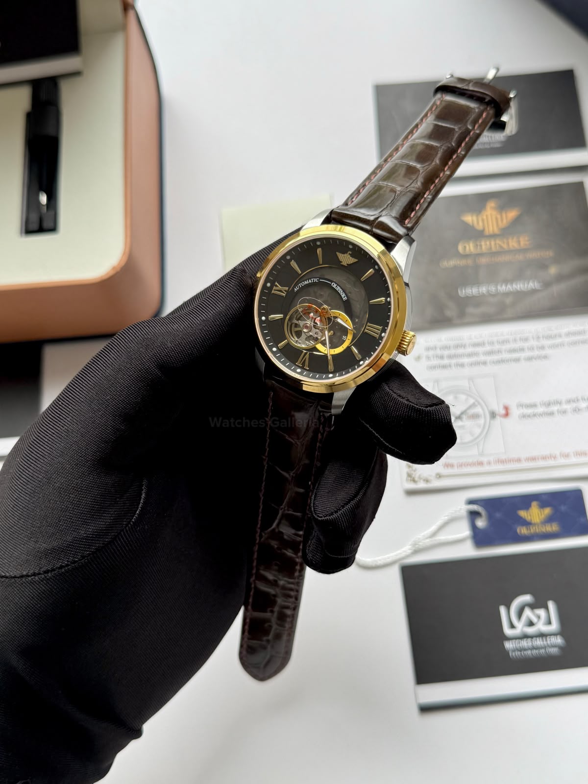 Oupinke G3190 (Brown Leather) Open Heart Automatic Watch with Miyota 8215 Japanese Movement, Sapphire Crystal, Luminous Dial & Black Leather Strap