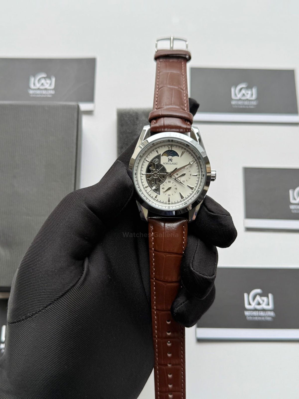 Aokulasic AOKU032 Moonphase Flywheel Automatic Watch 40mm Brown Silver | 21 Jewels Mechanical Watch