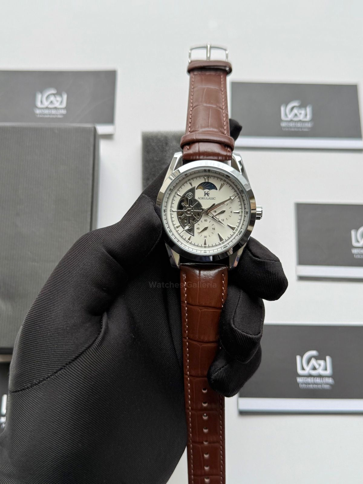 Aokulasic AOKU032 Moonphase Flywheel Automatic Watch 40mm Brown Silver | 21 Jewels Mechanical Watch