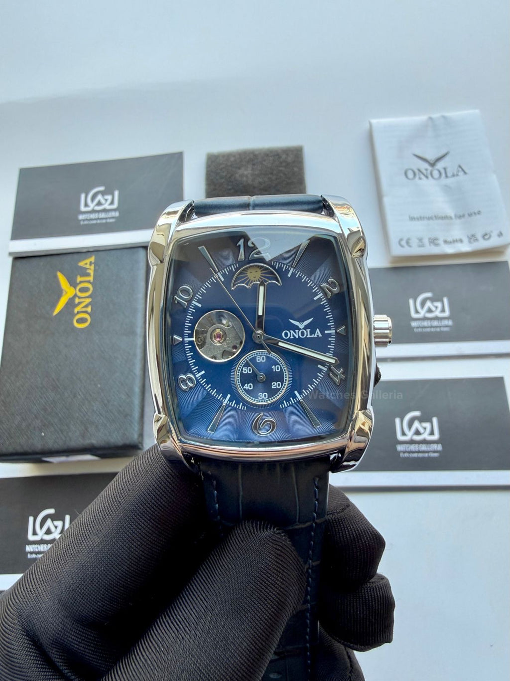 Onola 6848 Square Moonphase Open heart Automatic (Blue) Onola Watch in Pakistan