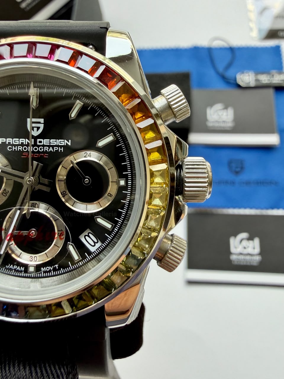 Pagani Design PD1644 Daytona Rainbow Jubilee Limited Edition Chronograph Watch PD1644LE | 40mm Sapphire Crystal, Seiko VK63 Quartz, Complete Calendar & Rainbow Stones Bezel