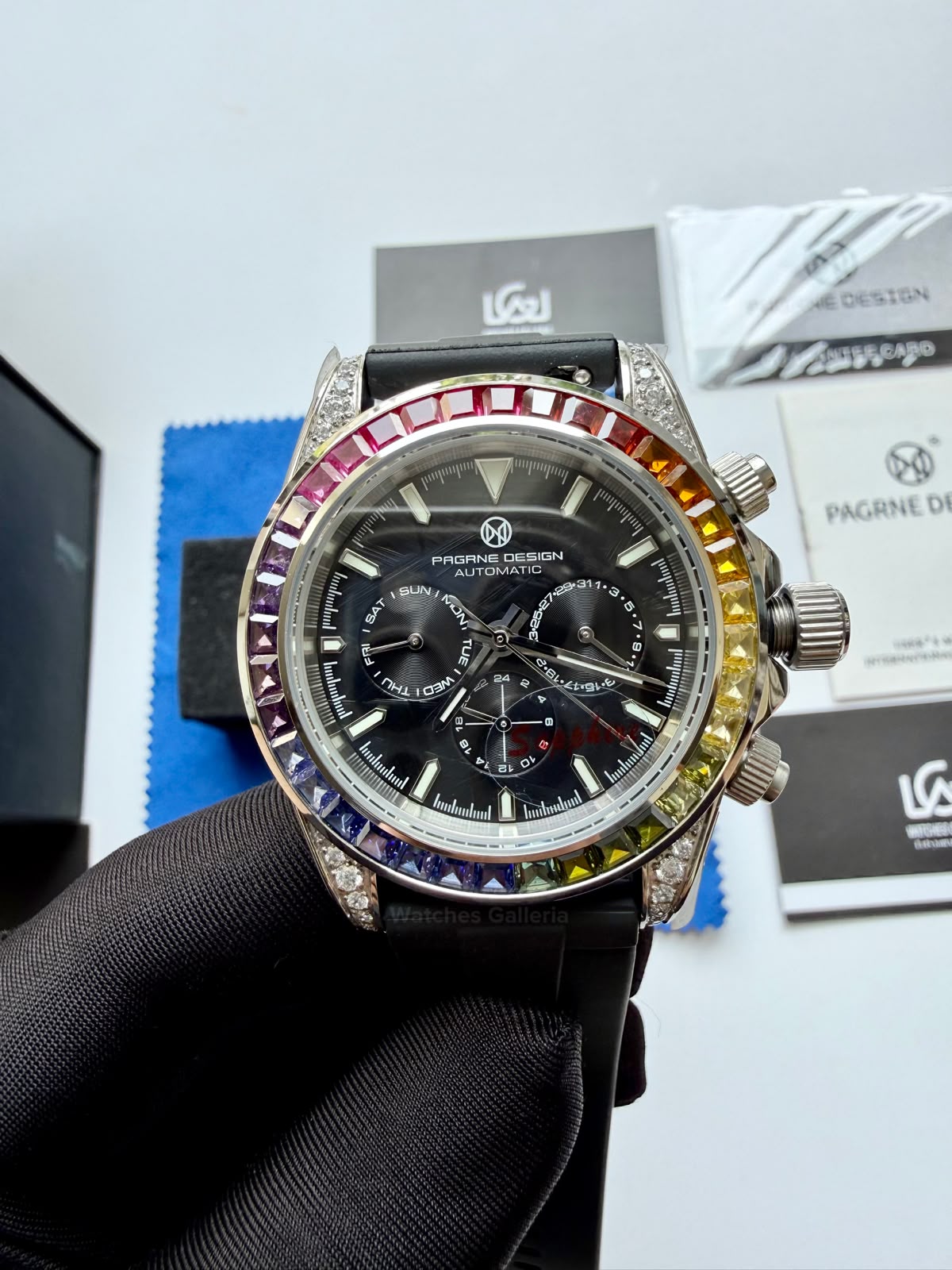 Pagani Design PG1666 Daytona Rainbow Limited Edition Black Automatic Chronograph Watch | 40mm Sapphire Crystal | HZ2196G Movement | 100M Water Resistant
