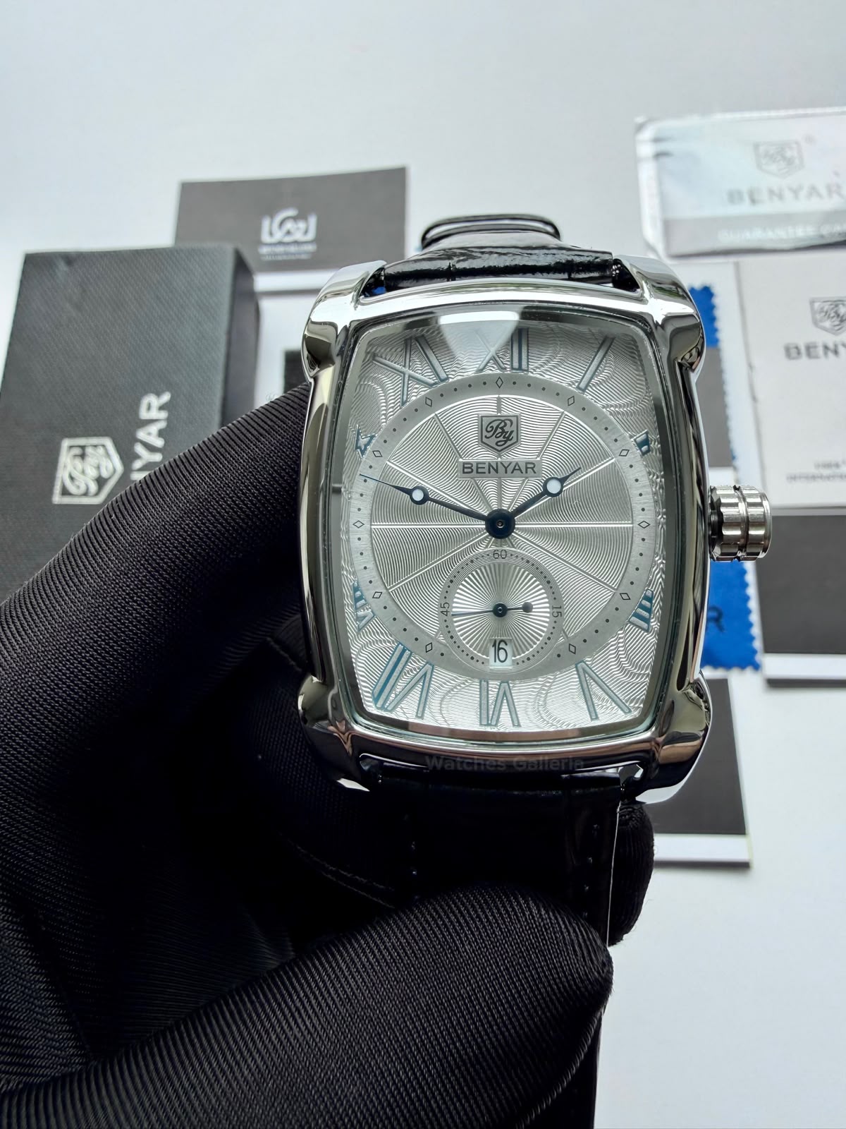 Benyar BY5114 Square Tank Watch Silver Black Roman Numeral Dial Master Lock Quartz Date Calendar Leather Strap