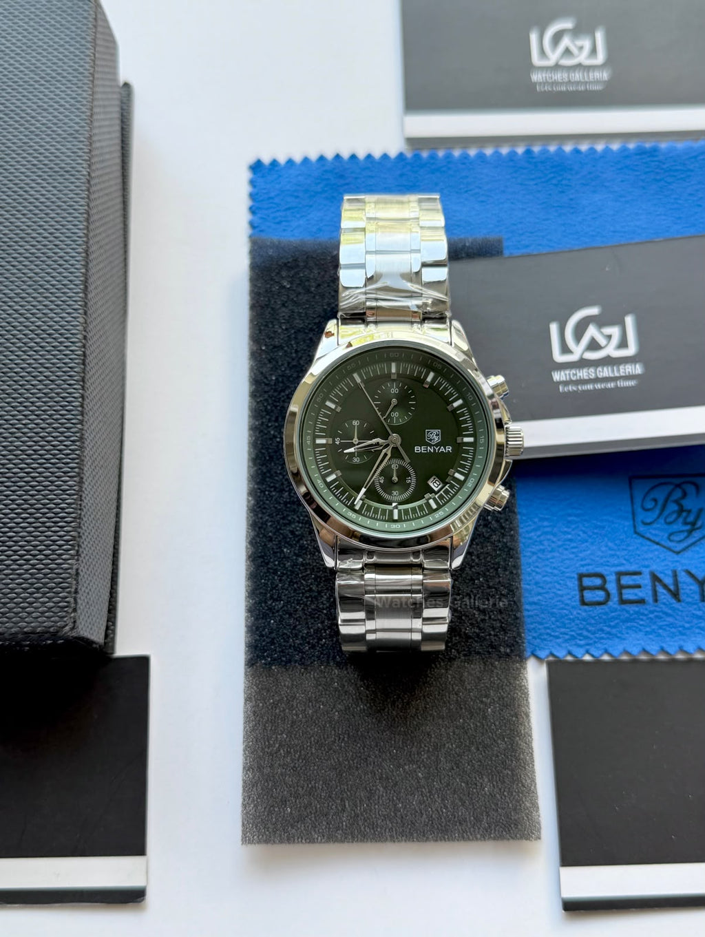 Benyar BY5210 (Green SS) Pilot Chronograph Green Dial Stainless Steel Watch – 42mm Quartz Chronograph with Date, Complete Calendar & Stopwatch