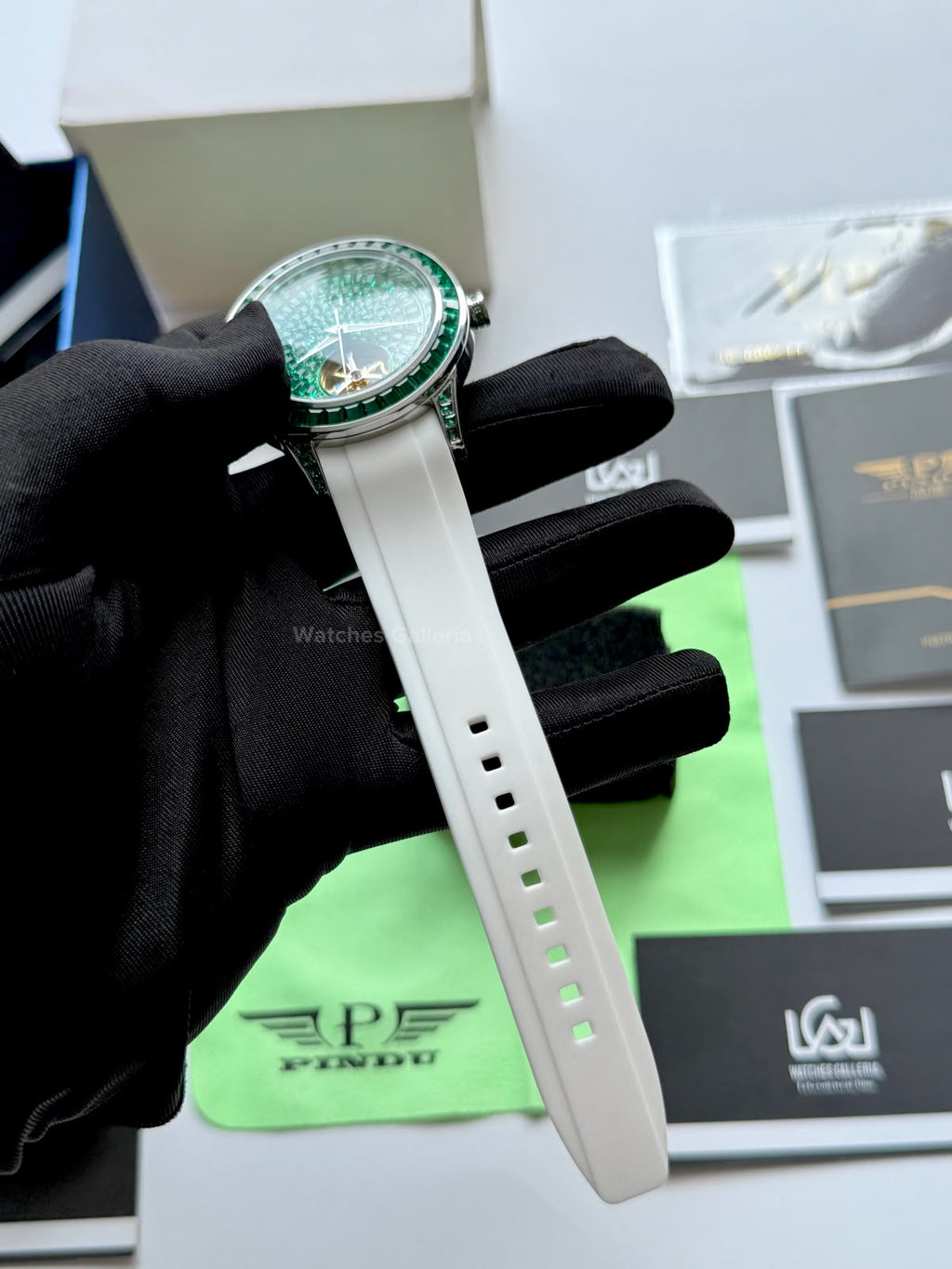 Pindu 5037 White/Green Diamonds Hand Encrusted Diamond Automatic Tourbillon Watch for Men | Luxury Mechanical Watch | 43mm Stainless Steel Case