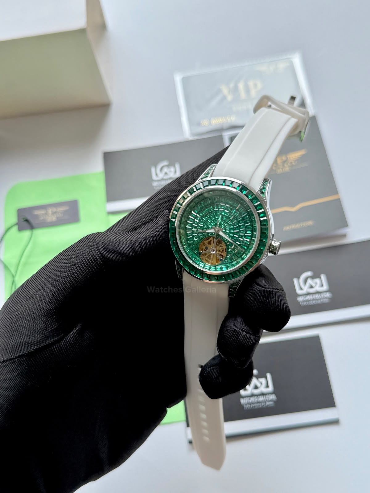 Pindu 5037 White/Green Diamonds Hand Encrusted Diamond Automatic Tourbillon Watch for Men | Luxury Mechanical Watch | 43mm Stainless Steel Case