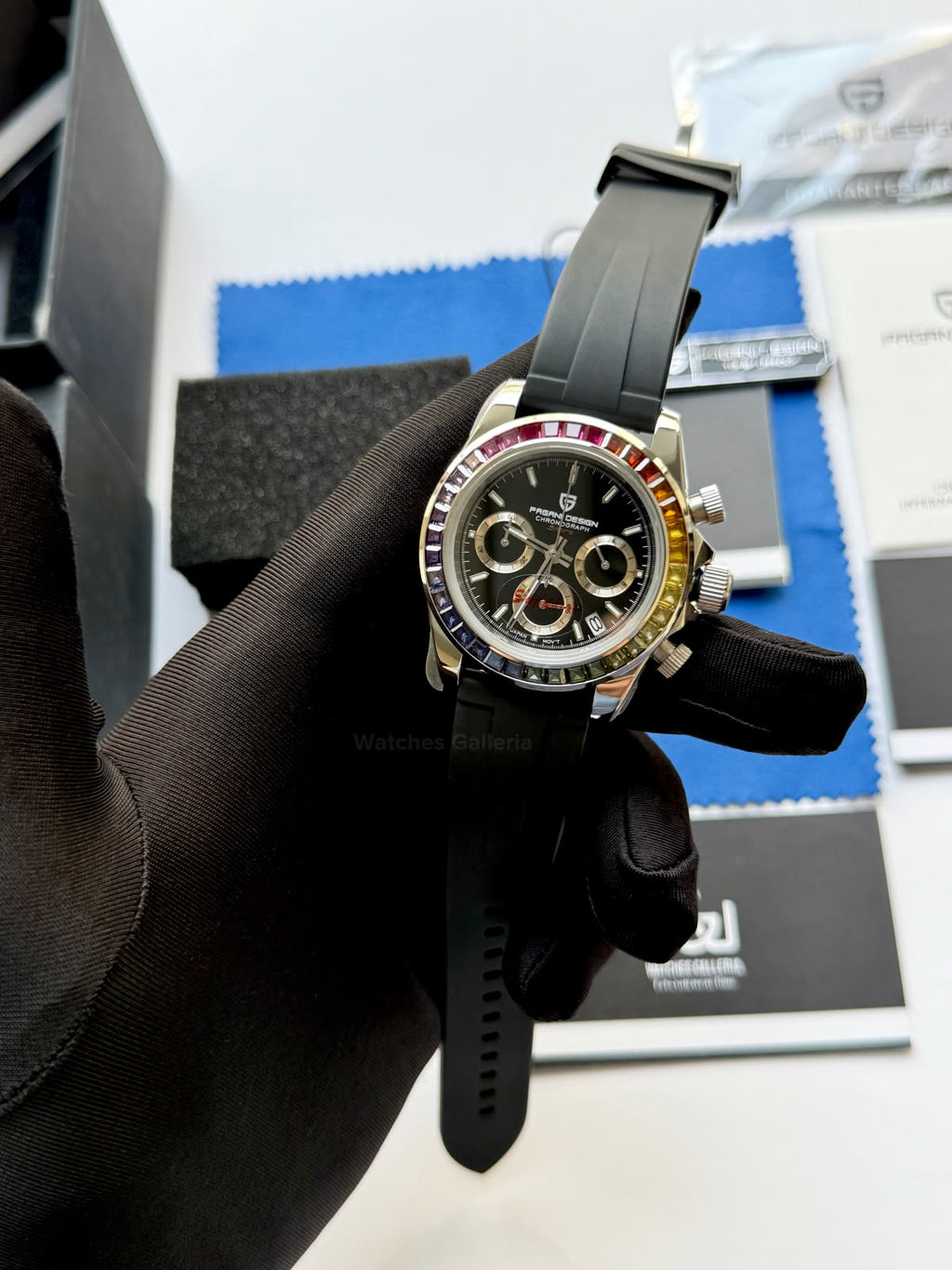 Pagani Design PD1644 Daytona Rainbow Jubilee Limited Edition Chronograph Watch PD1644LE | 40mm Sapphire Crystal, Seiko VK63 Quartz, Complete Calendar & Rainbow Stones Bezel