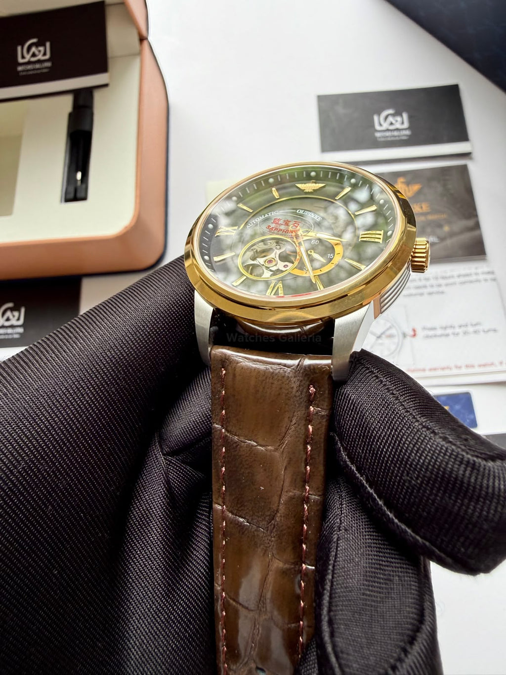 Oupinke G3190 (Brown Leather) Open Heart Automatic Watch with Miyota 8215 Japanese Movement, Sapphire Crystal, Luminous Dial & Black Leather Strap