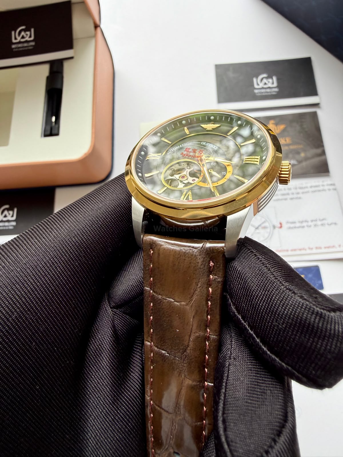 Oupinke G3190 (Brown Leather) Open Heart Automatic Watch with Miyota 8215 Japanese Movement, Sapphire Crystal, Luminous Dial & Black Leather Strap