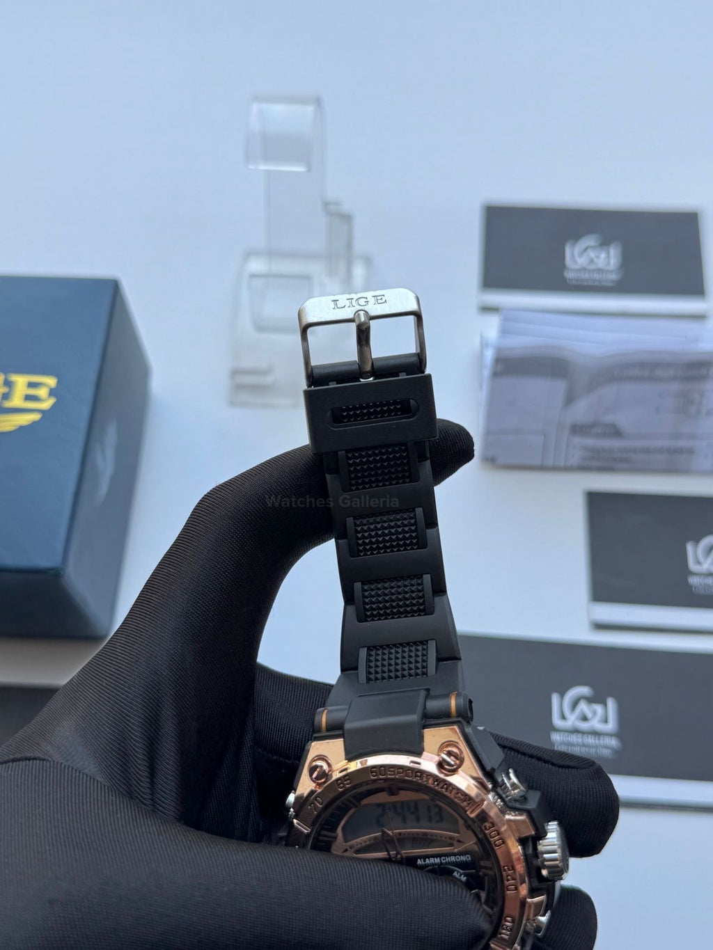 Lige 8922 Sports Watch Rose Gold Black 45mm Dual Display Analog Digital LED Alarm Waterproof 50M Silicone Strap Men’s Watch