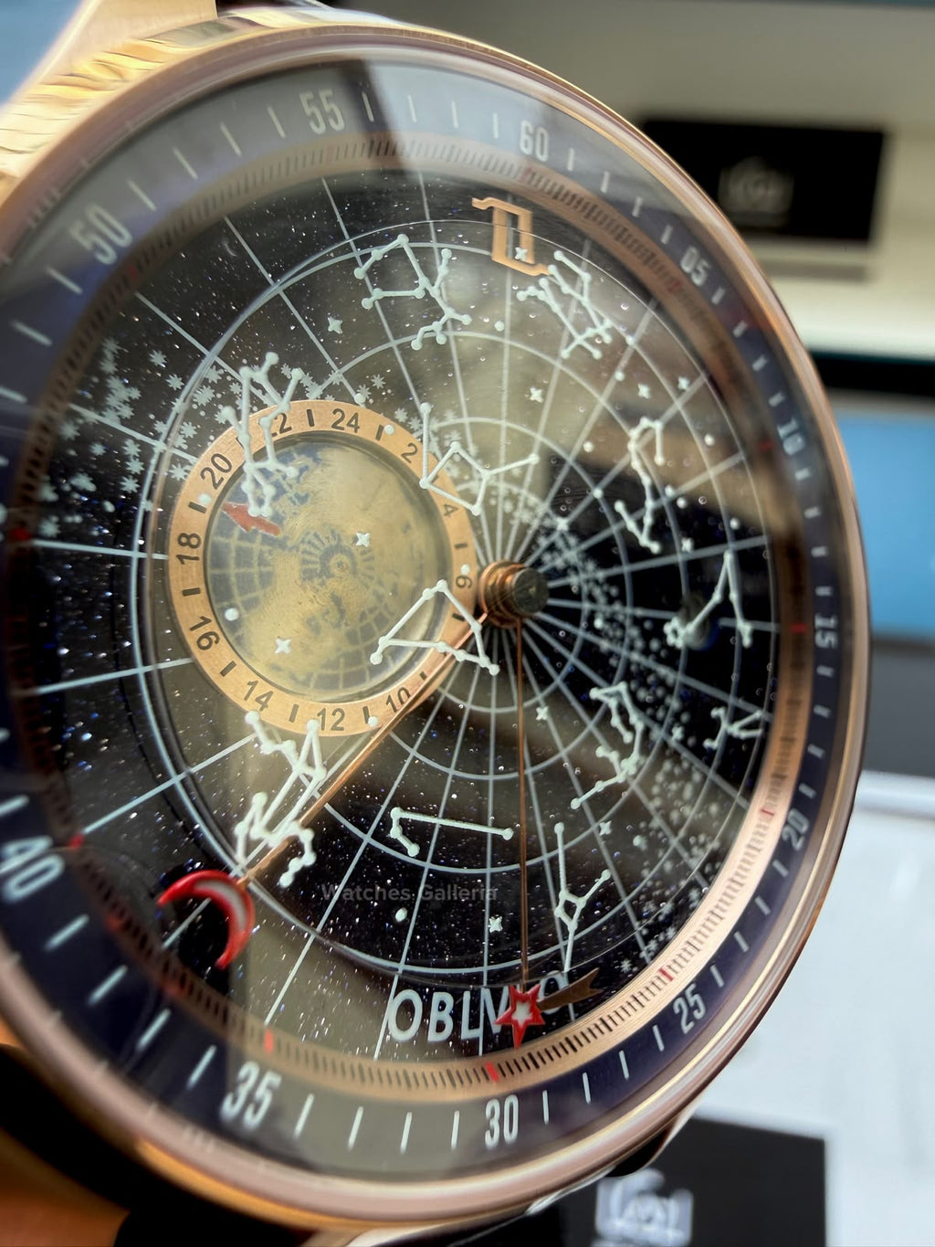 OBLVLO GC (Black Rose Gold Blue) Grand Complications Celestial Automatic Watch Brown & Black Dial with Rose Gold Details, Moving Constellation & Earth Display – OBLVLOGC