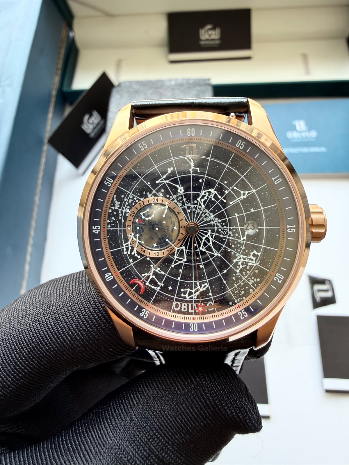 OBLVLO GC (Black Rose Gold Blue) Grand Complications Celestial Automatic Watch Brown & Black Dial with Rose Gold Details, Moving Constellation & Earth Display – OBLVLOGC