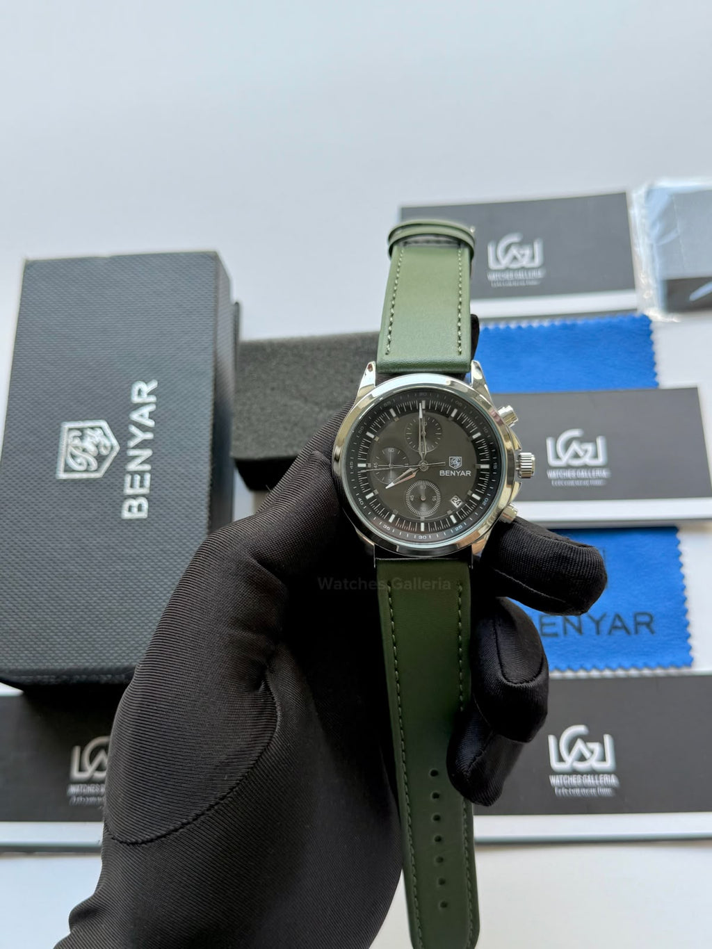 Benyar BY5210 (Grey Green) Pilot Chronograph Green Dial Stainless Steel Watch – 42mm Quartz Chronograph with Date, Complete Calendar & Stopwatch