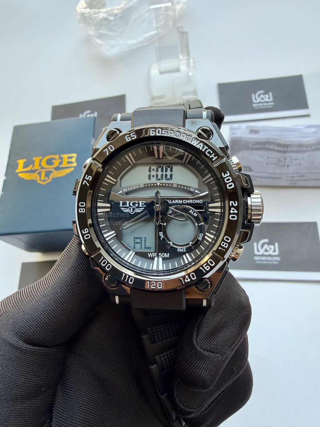 Lige 8922 Sports Watch Black 45mm Dual Display Analog Digital LED Alarm Waterproof 50M Silicone Strap Men’s Watch