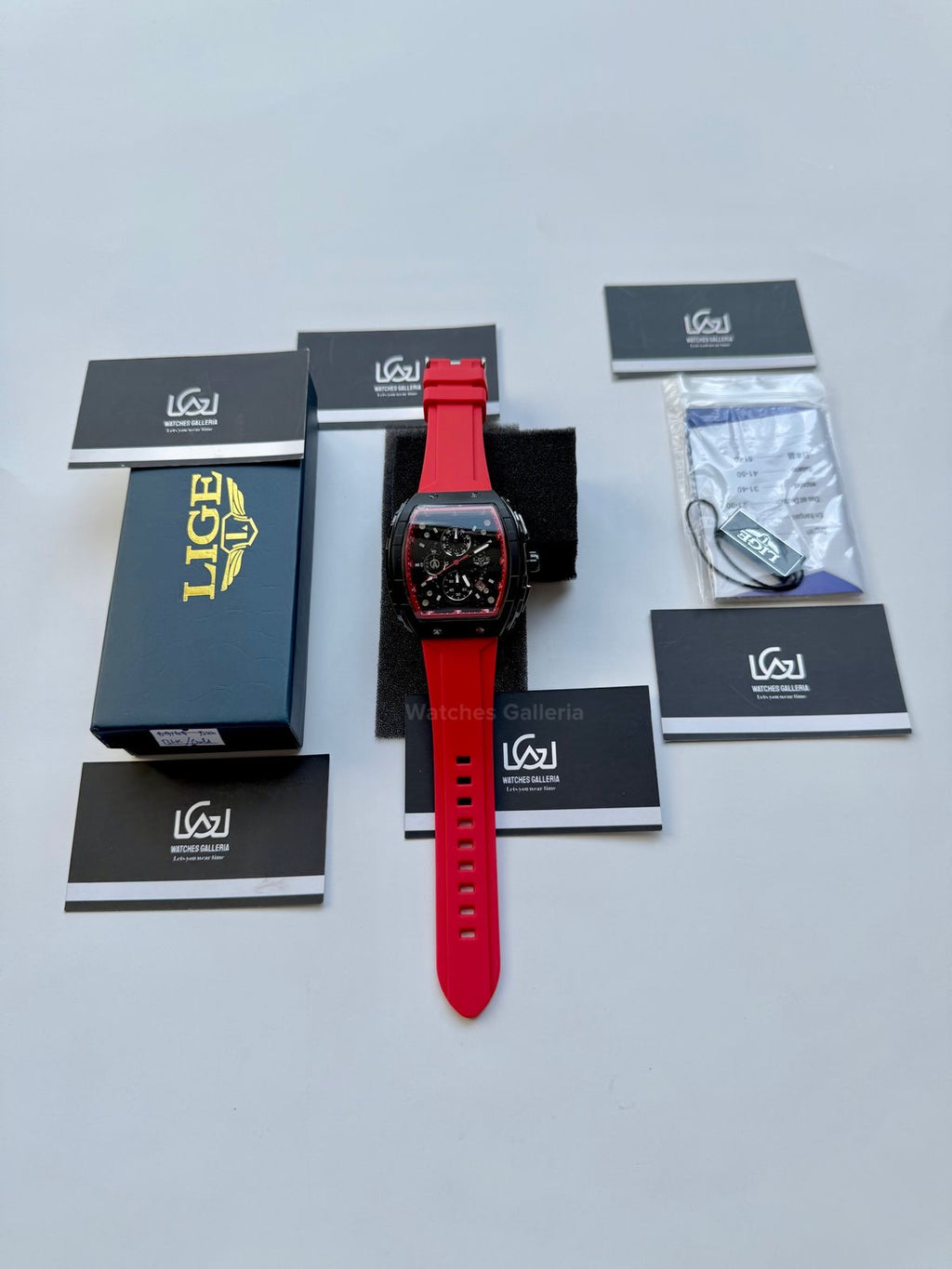 LIGE LG89148 Red Tonneau Chronograph Watch in Pakistan – Luxury Men’s Quartz Watch with Silicon Strap