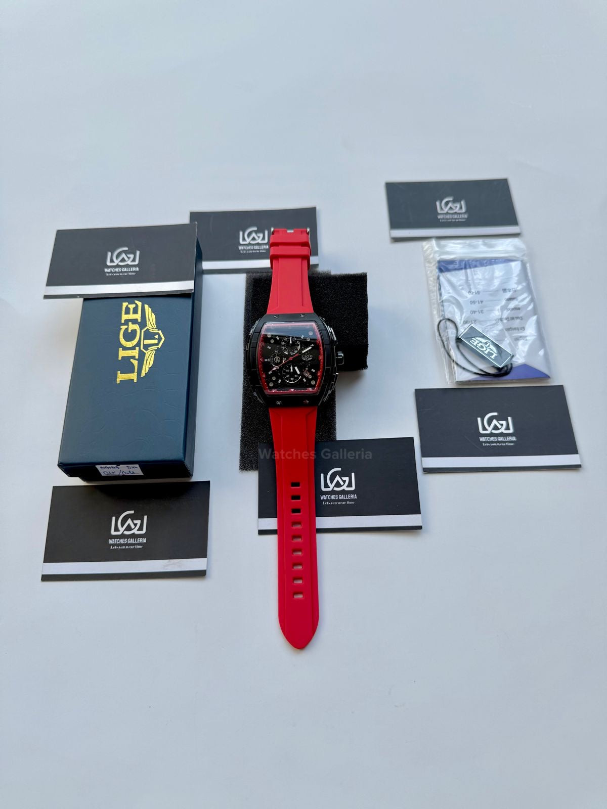 LIGE LG89148 Red Tonneau Chronograph Watch in Pakistan – Luxury Men’s Quartz Watch with Silicon Strap