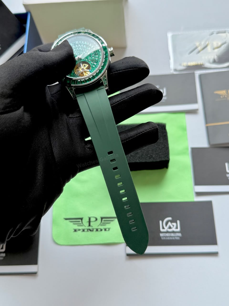 Pindu 5037 Green/Green Silicon LeatherDiamonds Hand Encrusted Diamond Automatic Tourbillon Watch for Men | Luxury Mechanical Watch | 43mm Stainless Steel Case