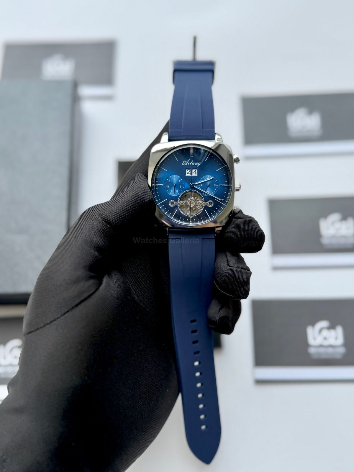 Ailang AI8655G Square Chronograph Automatic Watch Black Blue – Skeleton Flywheel, Big Date, Luxury Square Dial Men’s Watch