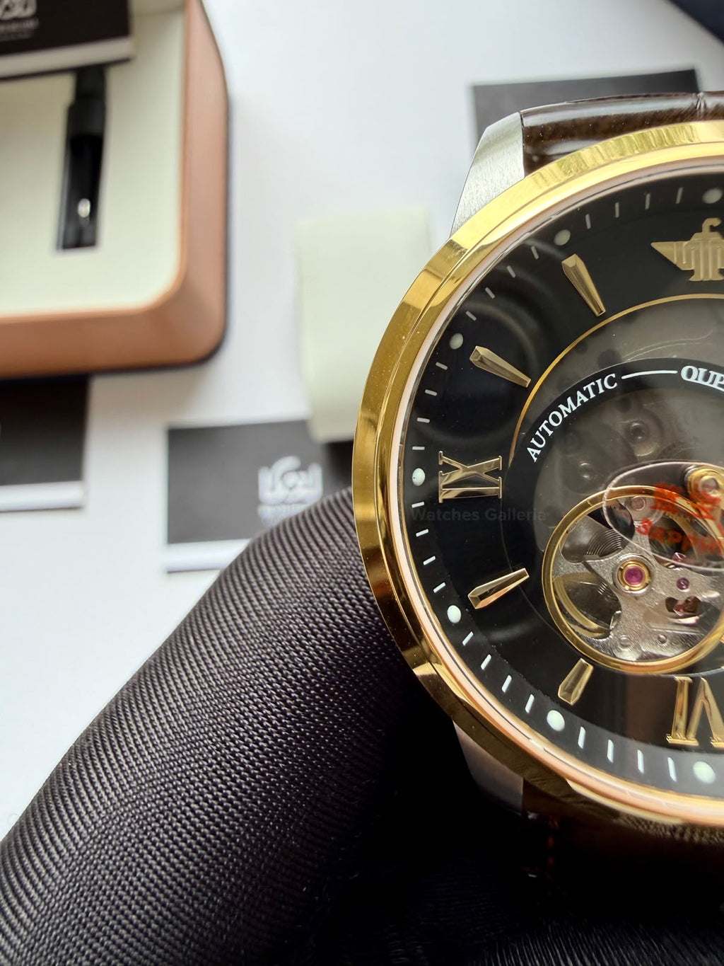 Oupinke G3190 (Brown Leather) Open Heart Automatic Watch with Miyota 8215 Japanese Movement, Sapphire Crystal, Luminous Dial & Black Leather Strap