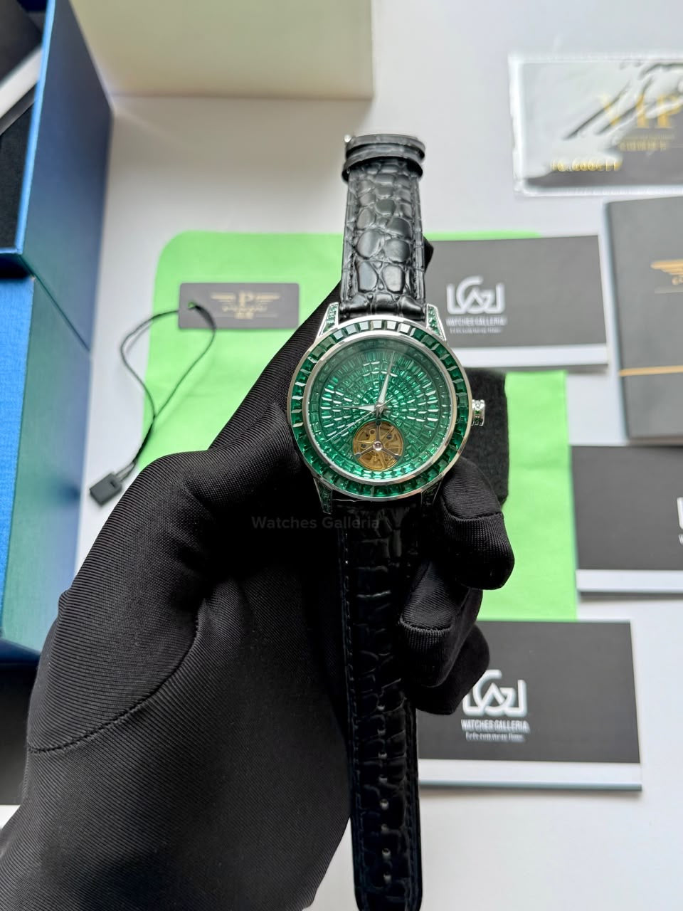 Pindu 5037 Green/Black LeatherDiamonds Hand Encrusted Diamond Automatic Tourbillon Watch for Men | Luxury Mechanical Watch | 43mm Stainless Steel Case