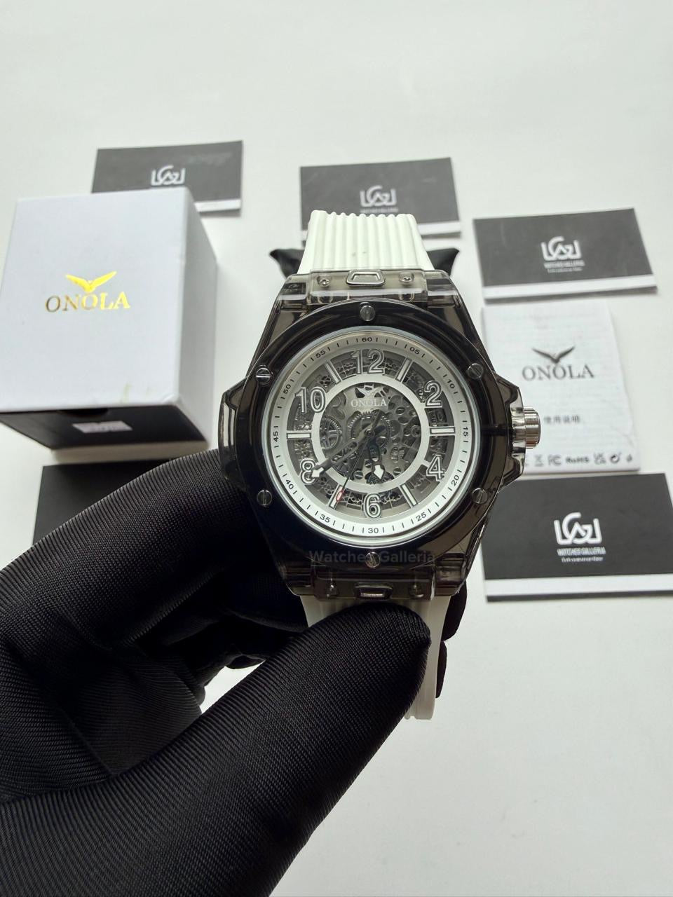 Onola ON3836 Oak Skeleton White Black Automatic Watch – 49mm Transparent Dial, Bold Sport Design, Pakistan Edition