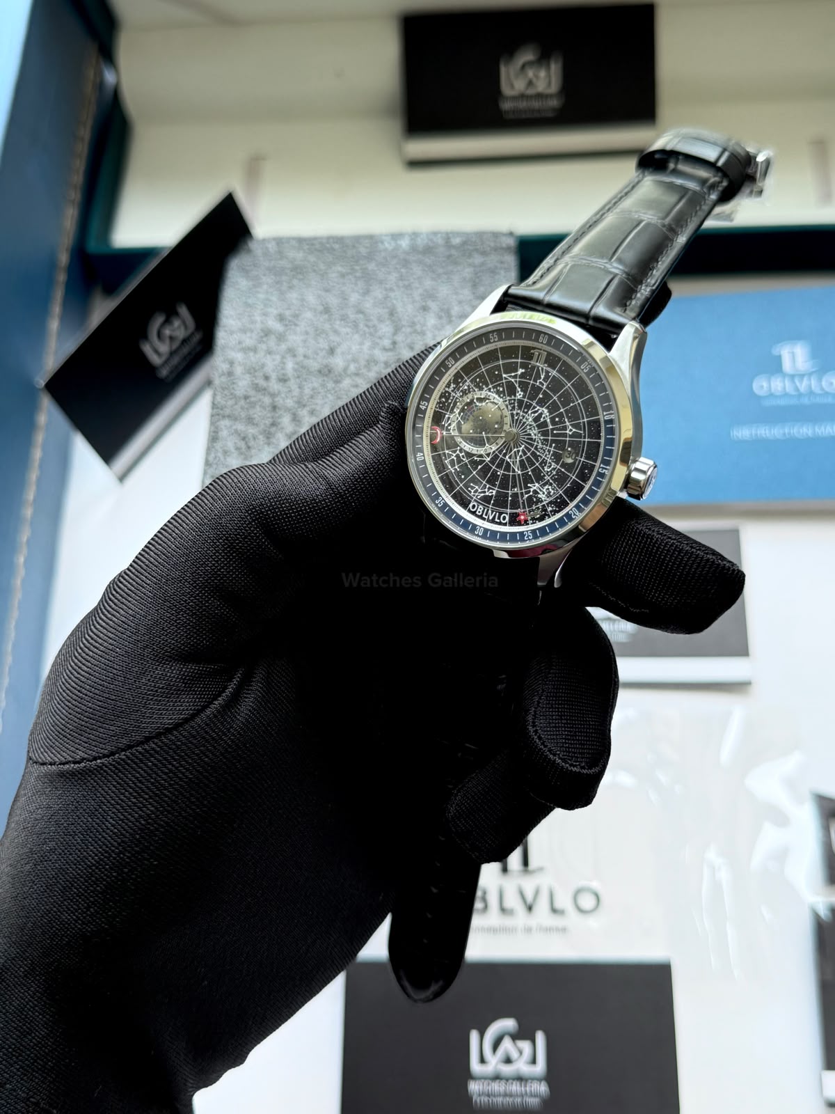 OBLVLO GC (Black Blue Silver) Grand Complications Celestial Automatic Watch Brown & Black Dial with Rose Gold Details, Moving Constellation & Earth Display – OBLVLOGC | Oblvlo