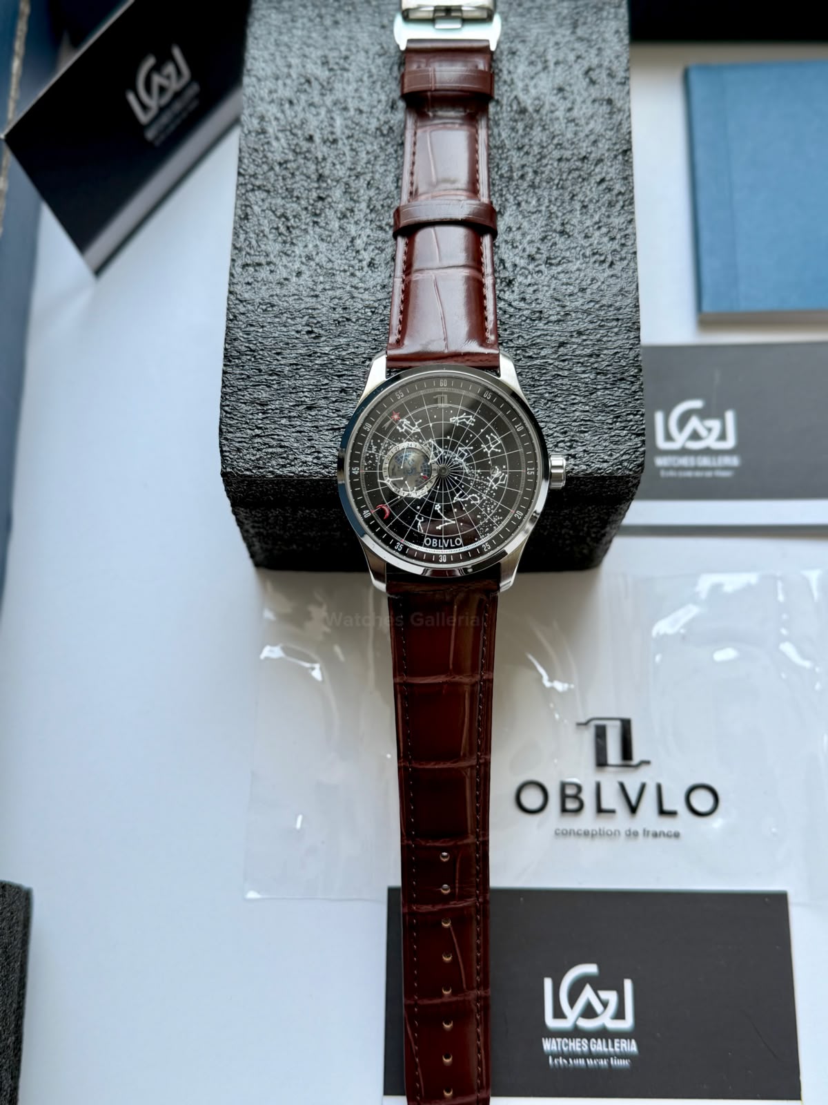 OBLVLO GC (Brown Silver Black) Grand Complications Celestial Automatic Watch Brown & Black Dial with Rose Gold Details, Moving Constellation & Earth Display – OBLVLOGC | Oblvlo