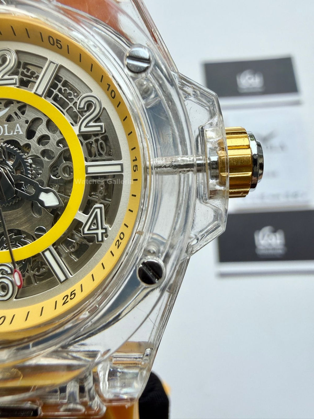 Onola ON3836 Oak Skeleton Yellow Automatic Watch – 49mm Transparent Dial, Bold Sport Design, Pakistan Edition