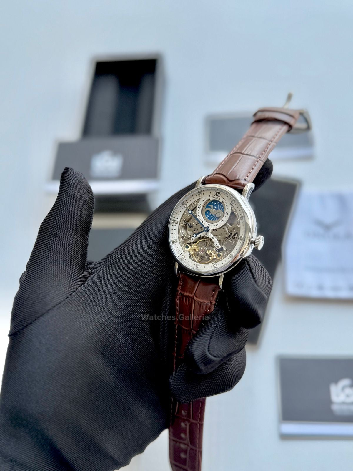 Onola Moonphase Flywheel Skeleton Watch Automatic (Brown-Silver) ON6836 Watches Galleria