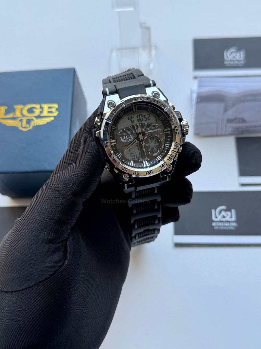 Lige 8922 Sports Watch Silver Black 45mm Dual Display Analog Digital LED Alarm Waterproof 50M Silicone Strap Men’s Watch