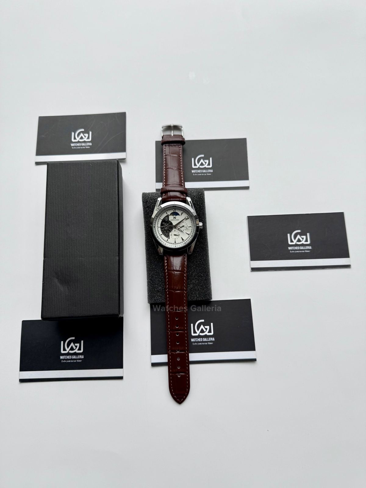 Aokulasic AOKU032 Moonphase Flywheel Automatic Watch 40mm Brown Silver | 21 Jewels Mechanical Watch