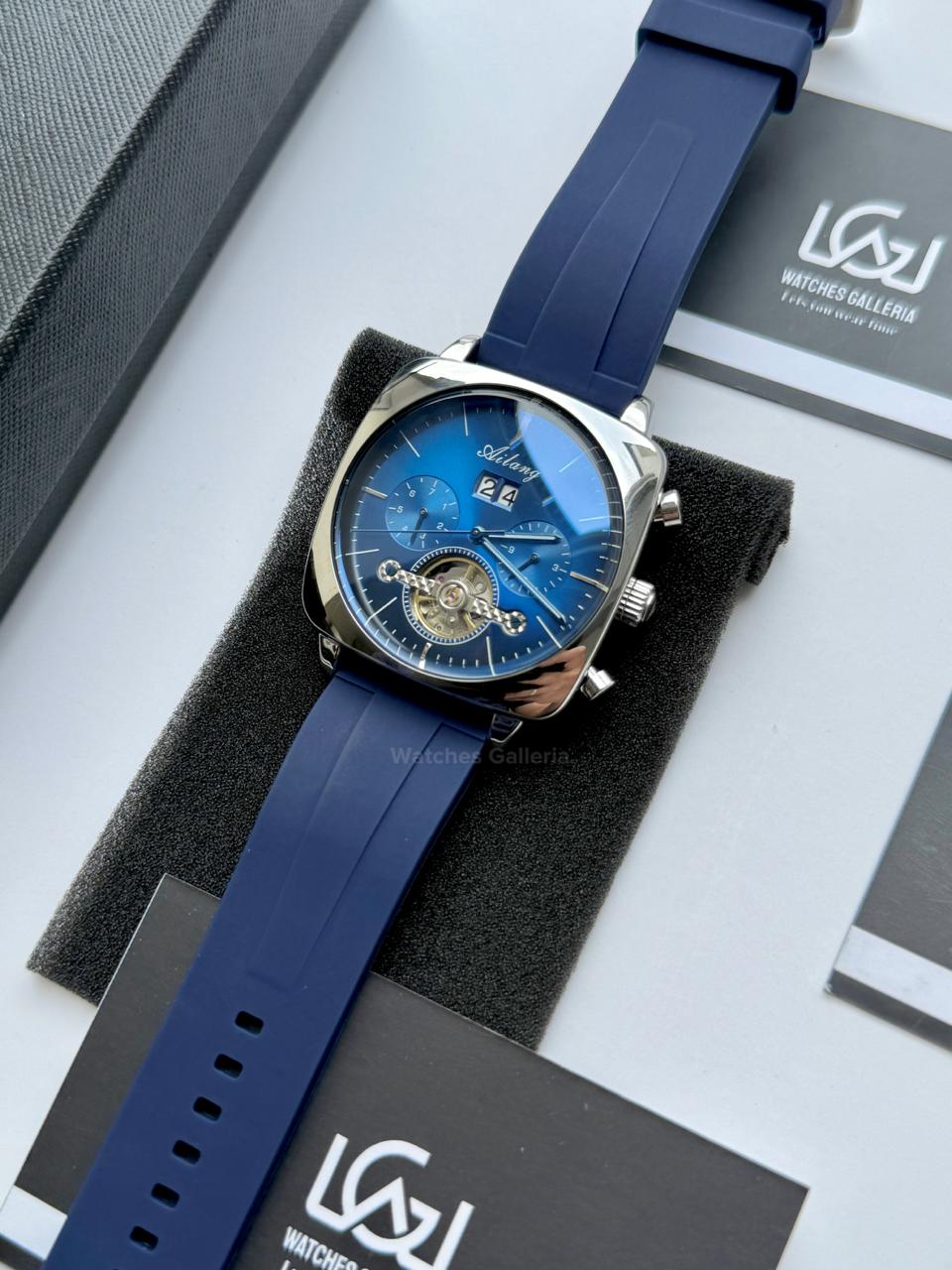 Ailang AI8655G Square Chronograph Automatic Watch Black Blue – Skeleton Flywheel, Big Date, Luxury Square Dial Men’s Watch