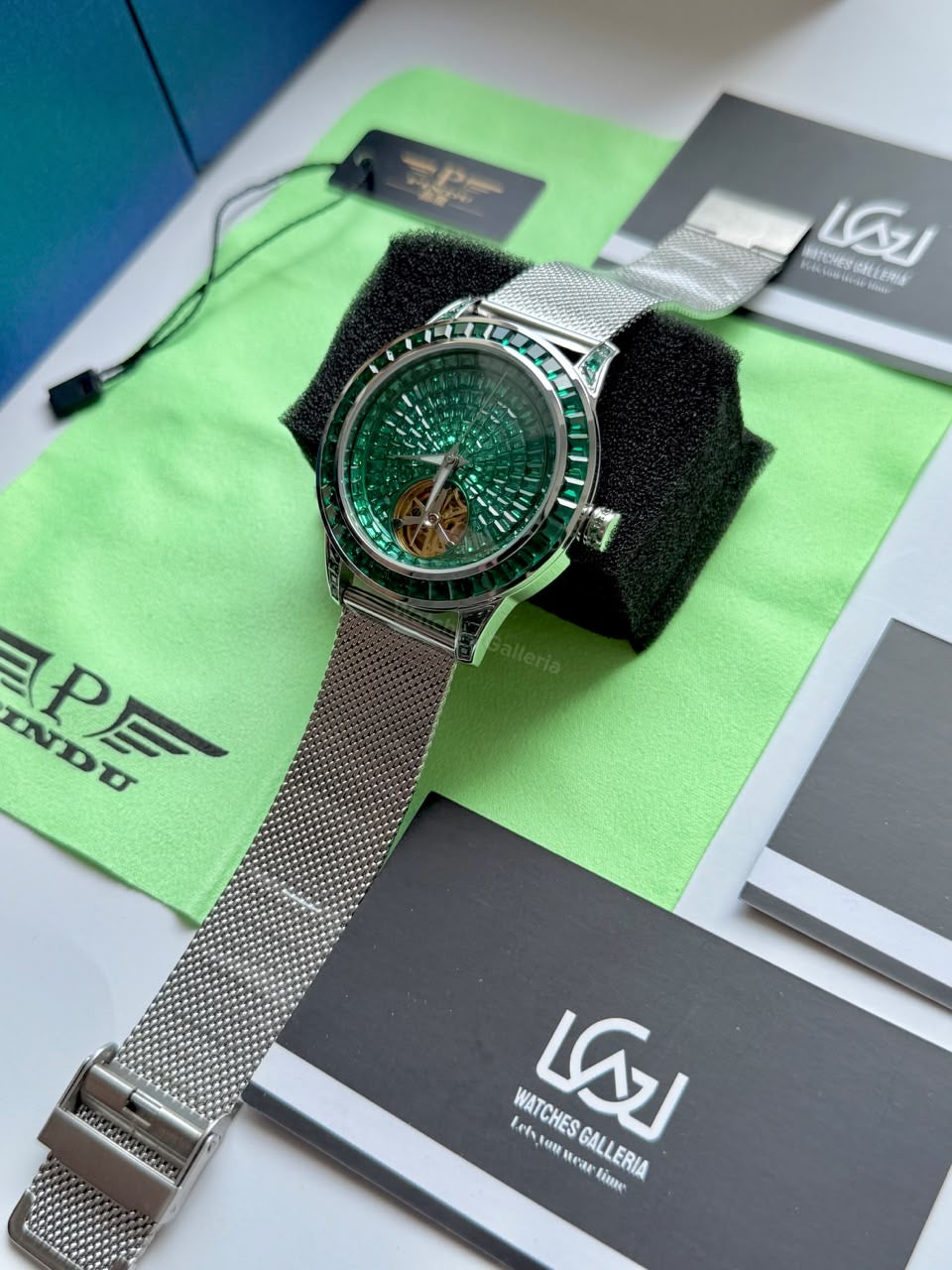 Pindu 5037 Green/Mesh Strap LeatherDiamonds Hand Encrusted Diamond Automatic Tourbillon Watch for Men | Luxury Mechanical Watch | 43mm Stainless Steel Case