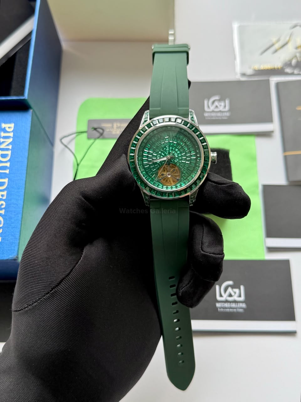 Pindu 5037 Green/Green Silicon LeatherDiamonds Hand Encrusted Diamond Automatic Tourbillon Watch for Men | Luxury Mechanical Watch | 43mm Stainless Steel Case