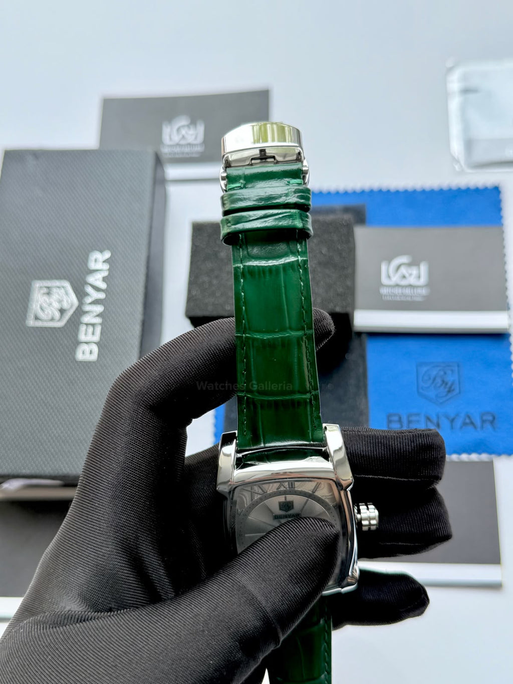 Benyar BY5114 Square Tank Watch | Green Silver White | Roman Numeral Dial Master Lock Quartz Date Calendar Leather Strap